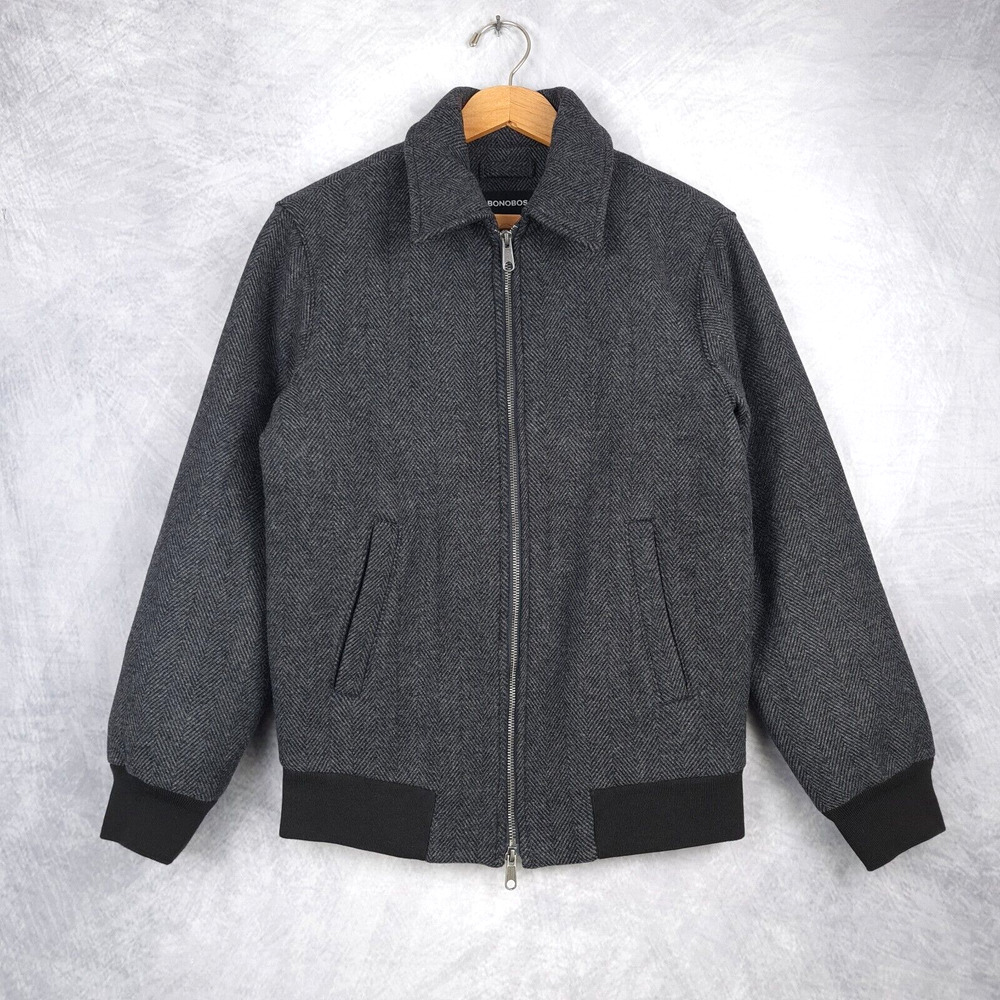 Bonobos Wool Bomber Jacket Mens XS Gray Herringbone Insulated Italian Fabric